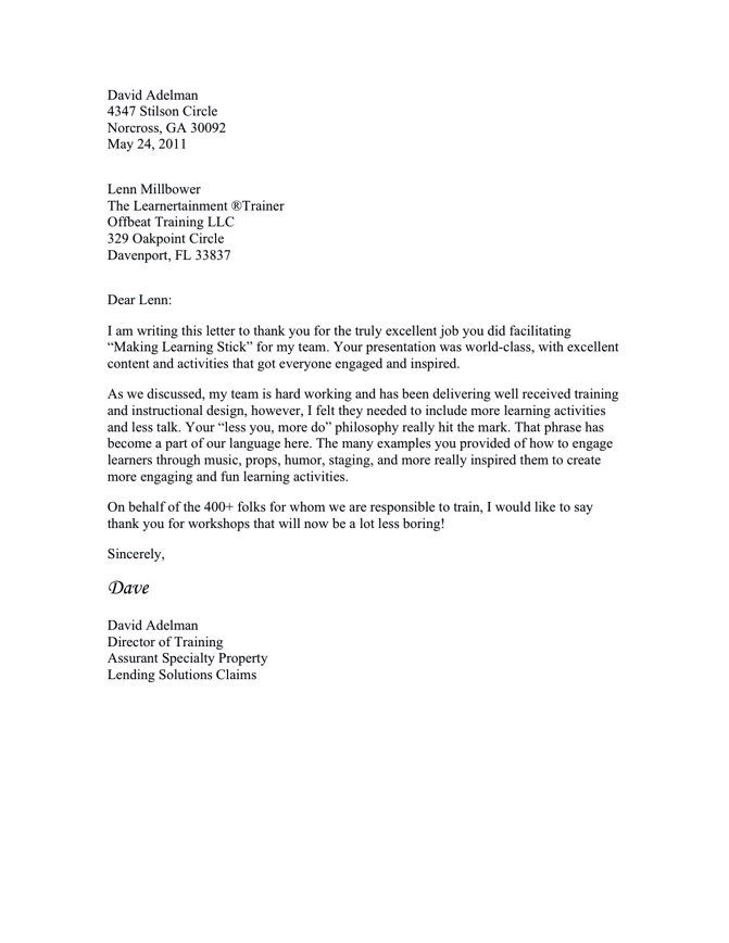 Assurant Workshop Recommendation Letter | Disney Expert Lenn Millbower ...