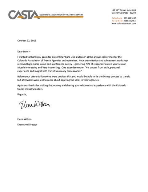 Disney Keynote Speaker CASTA Recommendation Letter