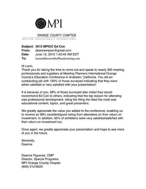 Disney Keynote Speaker MPI Orange County Recommendation Letter