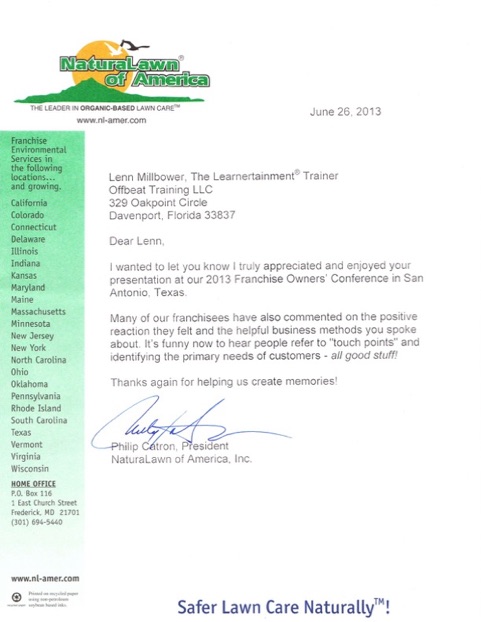 Disney Keynote Speaker NaturaLawn Recommendation Letter