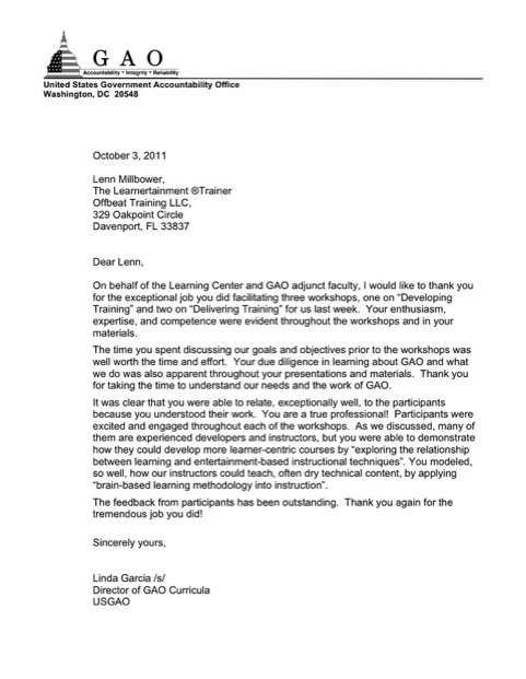 Disney Workshop Trainer US GAO Recommendation Letter