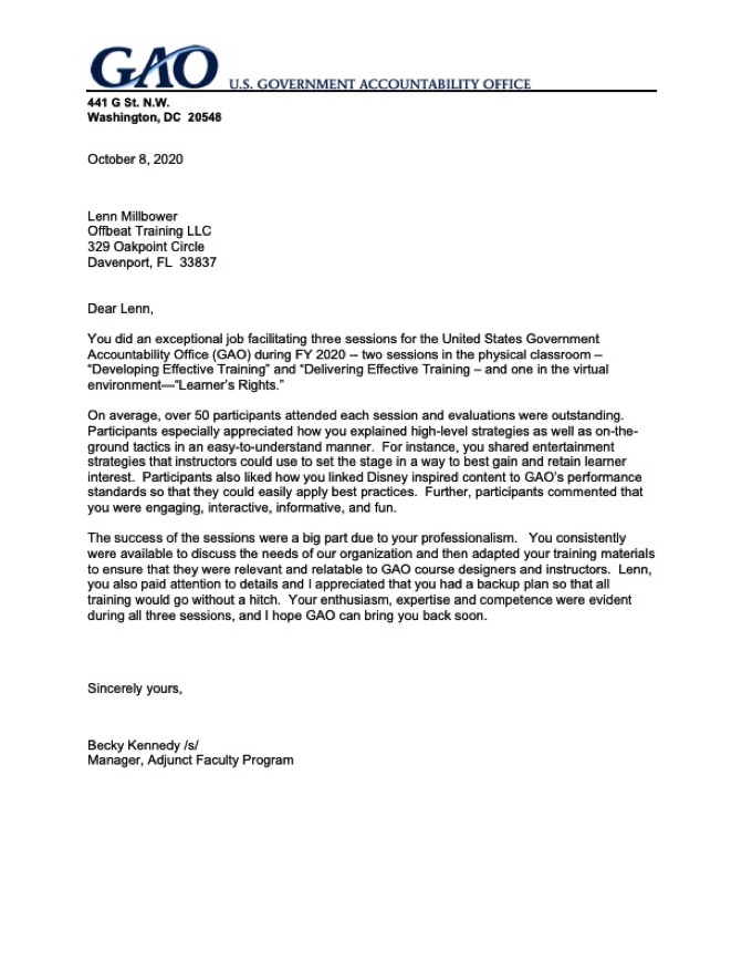 Disney Workshop Trainer US GAO Recommendation Letter