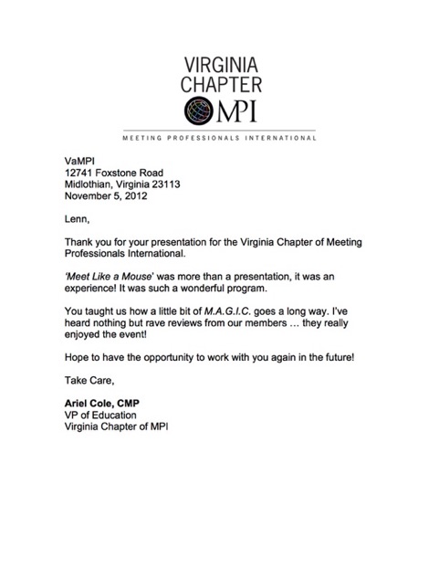 Disney Keynote Speaker VaMPI Recommendation Letter